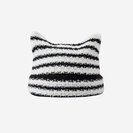New Cross-border Foreign Trade Striped Deviruchi Knitted Hat Autumn and Winter Ear Protection Warm Face Hair Ball Small Wool Hat