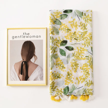 Small fresh sweet bright yellow leaf beach towel long tassel decorative travel sunscreen shawl cotton and linen hand scarf