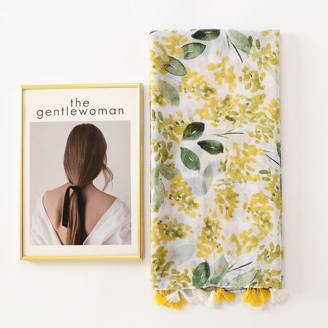 Small fresh sweet bright yellow leaf beach towel long tassel decorative travel sunscreen shawl cotton and linen hand scarf