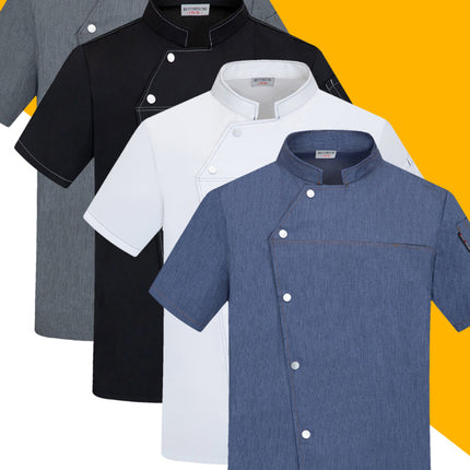 High-End Blue Chef Work Clothes Men's Short-Sleeved Summer Hotel Chef Clothing Women's Breathable Mesh Catering Kitchen Long-Sleeved