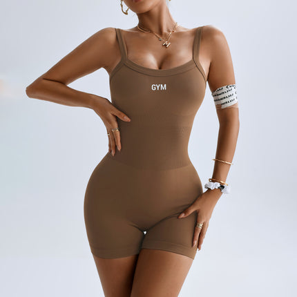 Muyao Cross-Border Solid Color Tight-Fitting Waist-Cinching Figure-Flattering Backless Design Running Fitness Jumpsuit Shorts with Backless Design