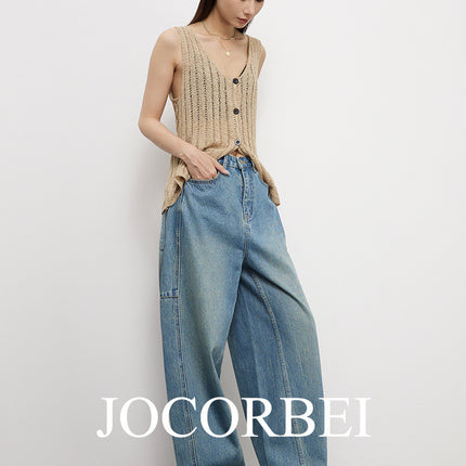Jocorbei [Arc Cocoon-Shaped Jeans] High-Waisted Deconstructed Banana Pants, Loose Retro Blue Jeans Pants