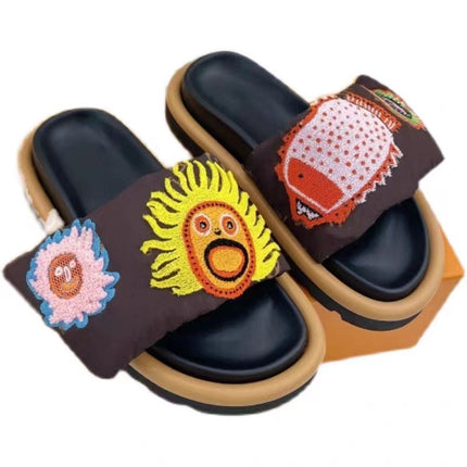 2023 Summer New Style Platform Thick Bottom Pumpkin Velcro Outer Wear Lazy Flip-Flops Embroidered Casual Flat Sandals
