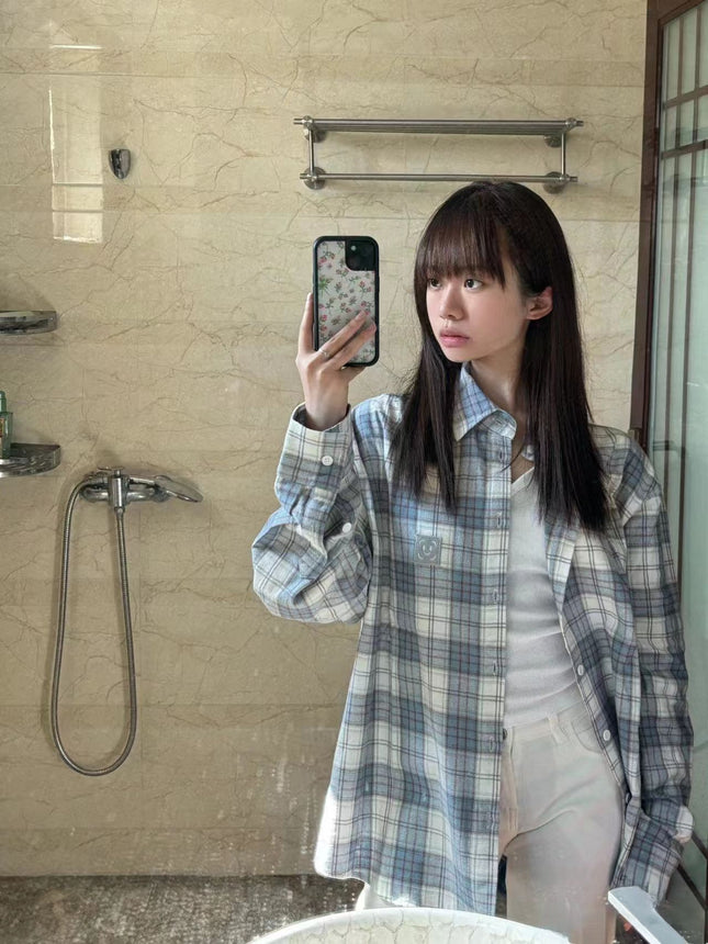Korean Style Plaid Retro Long-sleeved Shirt Women's Spring and Autumn New Scrub Sunscreen Shirt Lazy Style French Top Coat