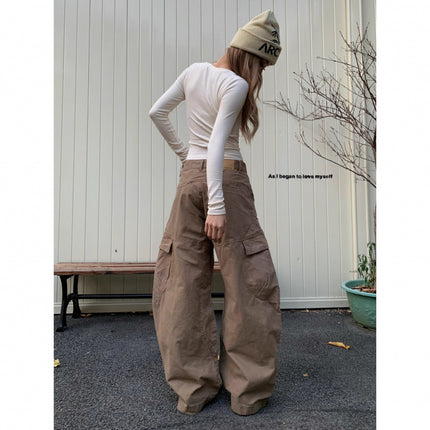 2025 New American Retro Style Large Pocket Coffee-Colored Work Casual Pants Loose Fit Versatile Silhouette Long Pants