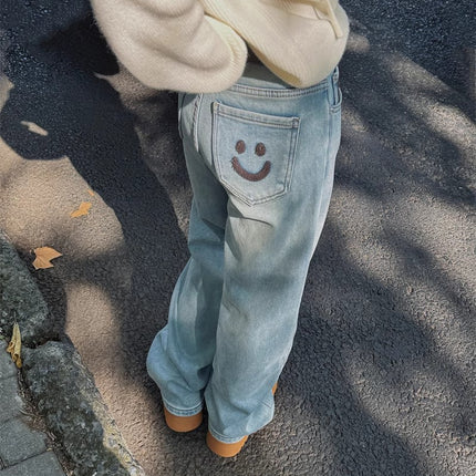 Spring 2025 New Fashion Straight High Waist Pocket Smiley light blue Wide Leg Internet Celebrant Hot Jeans for Women
