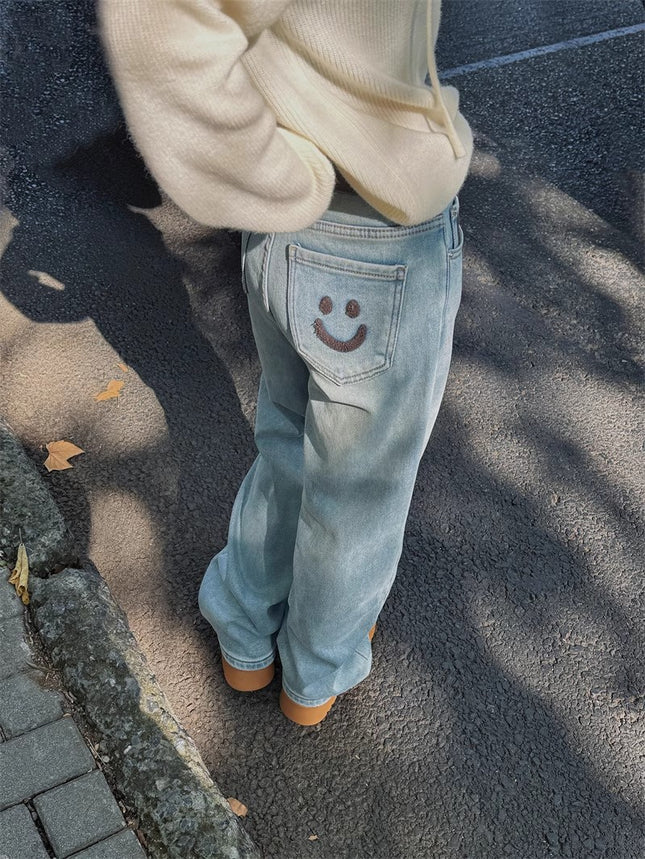 Spring 2025 New Fashion Straight High Waist Pocket Smiley light blue Wide Leg Internet Celebrant Hot Jeans for Women