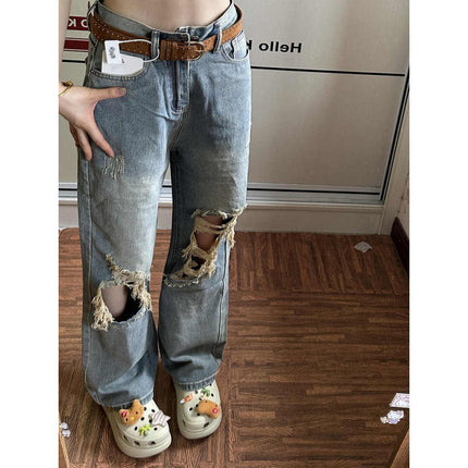 Distressed Ripped Straight-Leg Jeans for Women, American Retro High-Waisted Loose Slimming Versatile Distressed Wide-Leg Floor-Length Pants