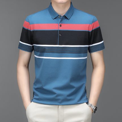 Mingdi Mouse Men's Summer New Pure Cotton Short-sleeved Men's T-shirt Striped Casual Lapel Large Size Men's Polo Shirt