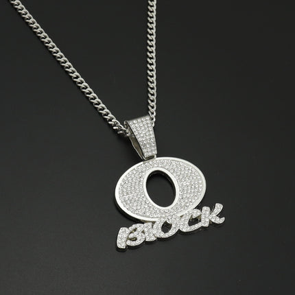 European and American Hip Hop OBLOCK Letter Pendant Necklace Alloy Diamond Brand Punk Rap Cool Necklace Cross Border