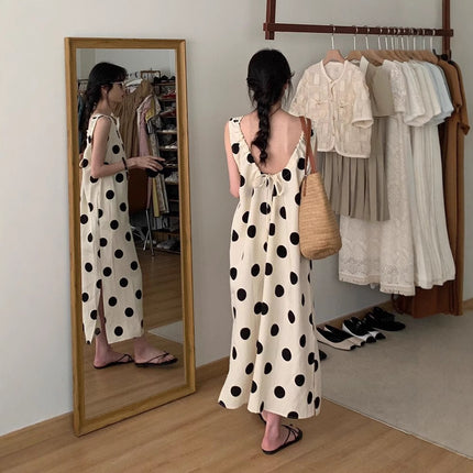 French Style Sleeveless Polo Dot dress Women's Summer New Style Elegant Long Dress Seaside Vacation Loose Slimming Beautiful Dress
