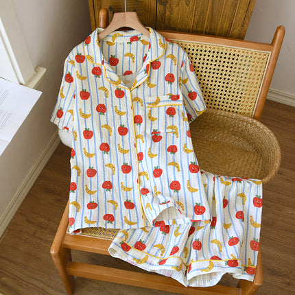 Summer Pure Cotton Crepe Lapel Short-Sleeved Shorts Pajamas Two-Piece Set for Women Apple Banana Loose Thin Home Clothes