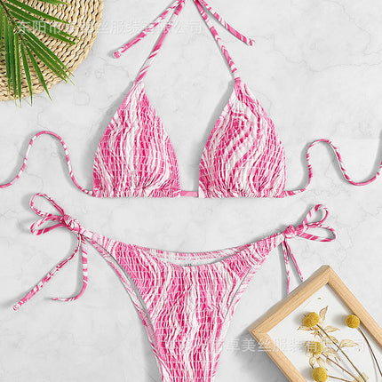 2023 European and American Foreign Trade Sexy Triangle Bag Cable Printing Tether Beach Bikini Swimsuit Mi Sound Explosions