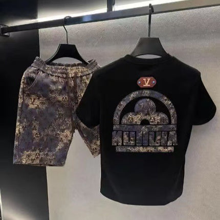 Summer New High-End Trendy European Brand Heavy-Duty Printed Trendy Five-Point Shorts Half-Sleeve Men's Light Luxury T-Shirt Set
