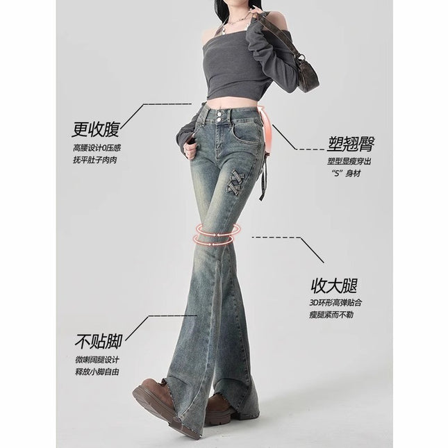 High-Waisted Flared Jeans for Women 2025 Summer Trendy Versatile Bow Design Slim Fit Flared Pants