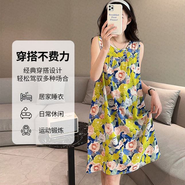 Summer Cotton Silk Nightgown for Women Thin Artificial Cotton Floral Sleeveless Korean Style Loose Large Size Home Wear Pajamas Vest Dress