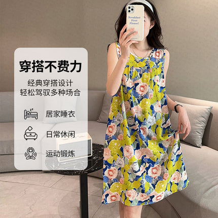 Summer Cotton Silk Nightgown for Women Thin Artificial Cotton Floral Sleeveless Korean Style Loose Large Size Home Wear Pajamas Vest Dress