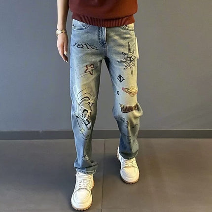 Men's Jeans Hand-Painted Spray High-End Trendy Brand 2025 Handsome Straight Light Blue Trendy Men's Casual Pants