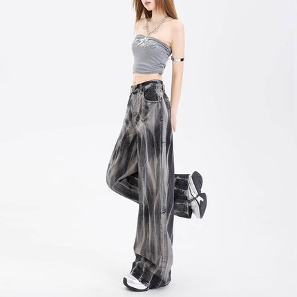 Ripple Tie-Dye High-Waisted Wide-Leg Jeans for Women, Trendy and Versatile 2025 New Loose Slimming Design Long Pants
