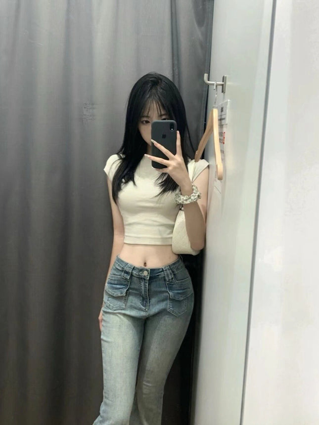 Vintage Women's Jeans Autumn Slim Fit Bootcut Pants Petite Slimming Flared Pants High-Waisted Drape Floor-Length Trousers