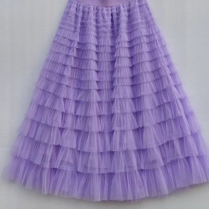 Sauze Skirt Women's Sweet Multi-Layer Cake Mesh Skirt light purple Elegant Elegant Elasticite Waist Princess A- Line Long Skirt