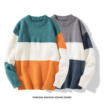 2023 autumn and winter new men's striped sweater men's casual trendy bottoming shirt color matching pullover trendy brand sweater men