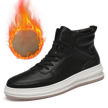 2025 Autumn and Winter Men's High-Top Sneakers, First-Layer Cowhide British Style, Large Size Skateboard Shoes, Thickeneded Cotton Shoes