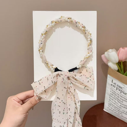 Sweet Floral Pearl Long Strap Hair Band Headband Summer New Sweet Tie Hair One-piece Pressure Hair Headband Women