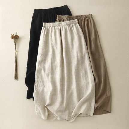Real Shot of Japanese Style 2025 New Summer Linen Skirt with Elastic Waist, Loose Mid-Length A-Line Retro Simple Skirt