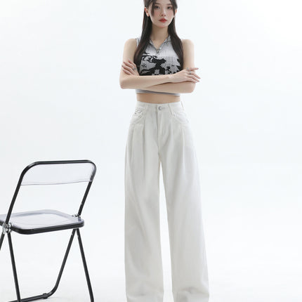 Spring 2025 New White Pleated Design Wide-leg Jeans Women's Loose Slimming All-match Simple Drape Straight