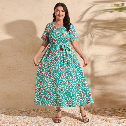 2025 Cross-border New French Elegant Elegant plus size dress Line-drawing Floral V-neck Short-sleeved Waisted Long Dress