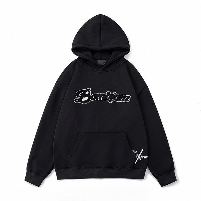 Amazon American-Style Heavyweight Fleece-Lined Hooded Sweatshirt with Towel Embroidery for Men, Winter Trendy High Street Couple's Jacket