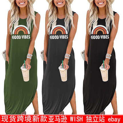 Spot Amazon Independent Station Ebay Women's Dress Good Vibes Rainbow Flap Pocket Pants Casual Sleeveless Long Skirt