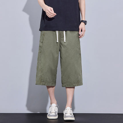 100% Summer Pure Cotton American Cargo Shorts for Men, Loose Fit, Wide-Leg Straight Cropped Casual Pants for Men