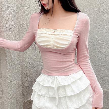 C530Tp European and American Cross-Border Lace Square Neck Waist Slim Sexy Sexy Contrasting Color Long-Sleeved Figure-Showing Short Top