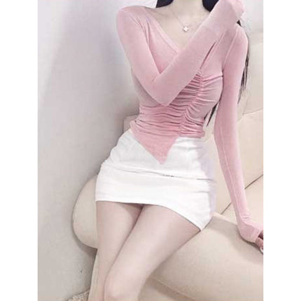 New Products from Dongdaemun, South Korea, Are Skin-Friendly and Show Off Your Figure~Sexy V Neck Pleated Slim Long-Sleeved T-Shirt Ye