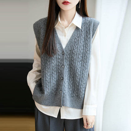French Retro Twist Knitted Vest Cardigan for Women 2025 New Pure Wool Knitted Cable Loose Layered Jacket