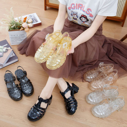 Summer Baotou Roman Women Sandals Retro High Heel Transparent Crystal Beach Shoes Non-slip Plastic Jelly Shoes Waterproof Shoes