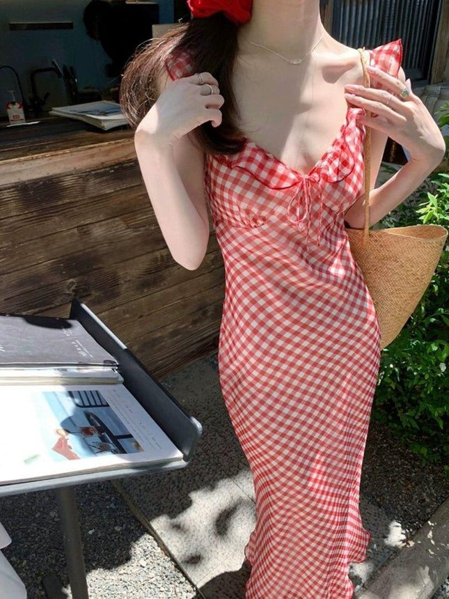 Cooked Cherry Red Plaid Suspender Fishtail Skirt Women's Spring and Summer 2025 New French Style Gentle Seaside Vacation dress