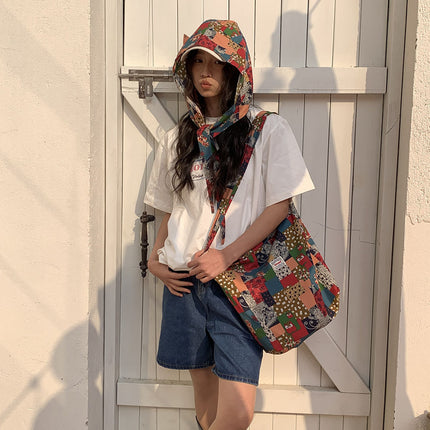 Japanese and Korean Popular Fried Street Hat Bag Two-Piece Set Women's Outdoor Leisure Travel Open Cotton Crosswalk Bag Ethnic