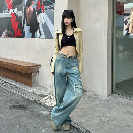 Bumi House# Retro Ripped Jeans Women's 2025 Spring New Straight Loose High Waist Design Mop Pants