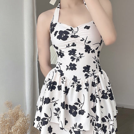 2025 New One-Piece Swimsuit Women's Black Poppy Boxer Corner Conservative Girl Strap Halter High Waist Covering Belly Hot Spring