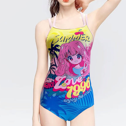 2025 New Summer Swimsuit Women's One-Piece Triangle Racing Style Sports Casual Cartoon Pattern Fashionable Pure Girl