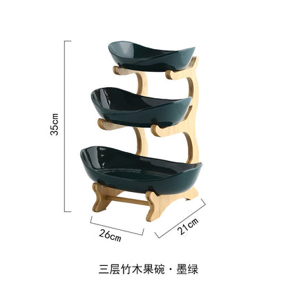 European-style three-layer ceramic dried fruit plate new creative bamboo rack multi-layer fruit plate household snack plate factory direct sales
