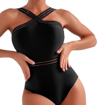 2025 New Aliexpress European and American Cross-Border Bikini Solid Color Cross Strap One-Piece Sexy Bikini Swimsuit for Women