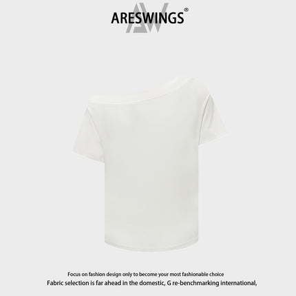 Areswings American Abstract Apple Letter Pattern Printed Slanted Shoulder Short-Sleeved T-Shirt Women's Summer Sexy Top