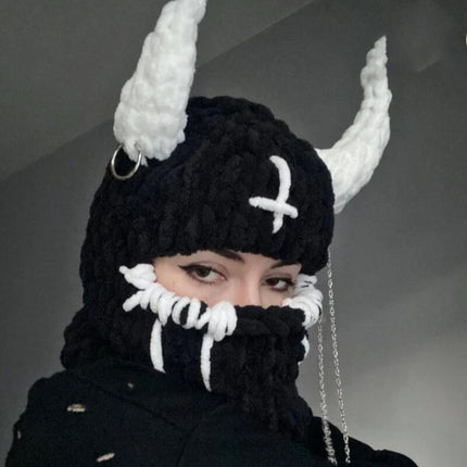 Bear Mask Headgear Sweet Cool Spice Girl Style European and American Handmade Knitted Thickened Wool Warm Hat Cute Autumn and Winter Hat