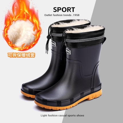 Winter Warm Men's Rubber Shoes British Waterproof Drawstring Rain Shoes Mid-barrel Outdoor Fashion Belted Rubber Shoes Non-slip Fishing Shoes