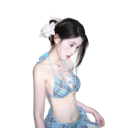 Source Manufacturer Korean Style Girl Japanese Style Plaid Small Breast Sexy Bikini Swimsuit Beach Vacation Retro Bikini
