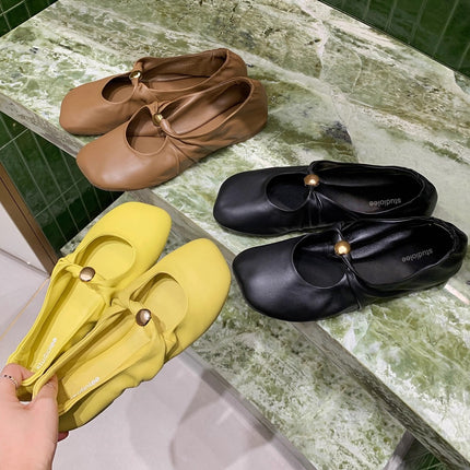 Grape Mom's Same Style Super Soft French Twist Small Gold Buckle Fashionable Apple Head Soft Waxy Goatskin Low-Heeled Shoes for Women Spring & Fall